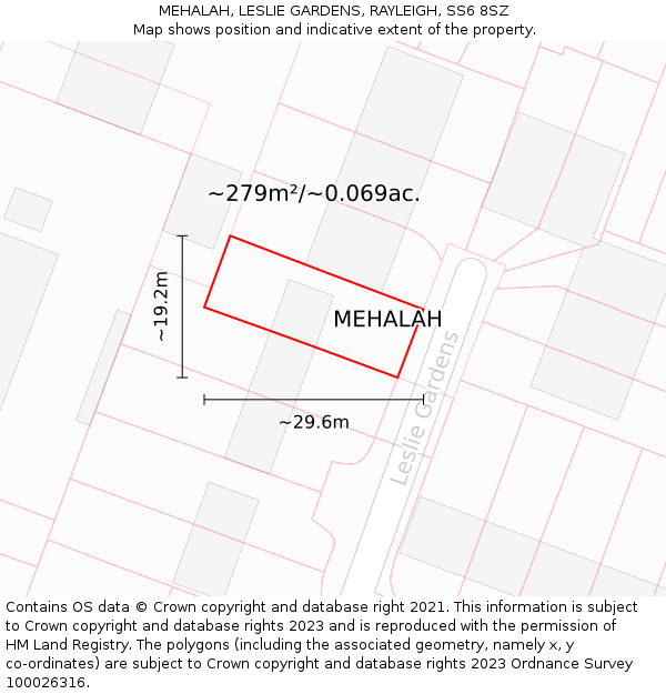 MEHALAH, LESLIE GARDENS, RAYLEIGH, SS6 8SZ: Plot and title map