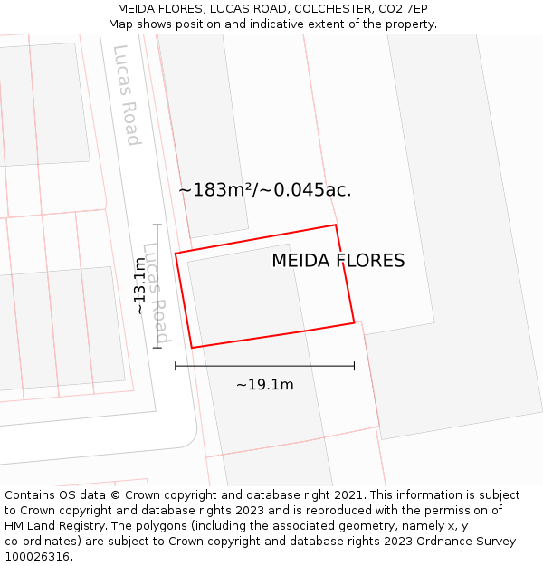 MEIDA FLORES, LUCAS ROAD, COLCHESTER, CO2 7EP: Plot and title map