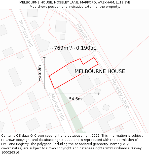 MELBOURNE HOUSE, HOSELEY LANE, MARFORD, WREXHAM, LL12 8YE: Plot and title map