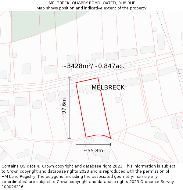 MELBRECK, QUARRY ROAD, OXTED, RH8 9HF: Plot and title map