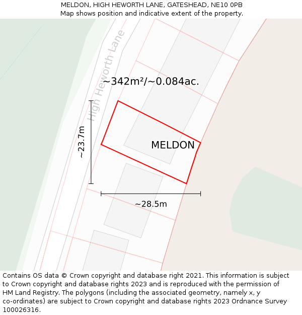 MELDON, HIGH HEWORTH LANE, GATESHEAD, NE10 0PB: Plot and title map