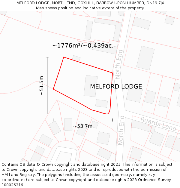 MELFORD LODGE, NORTH END, GOXHILL, BARROW-UPON-HUMBER, DN19 7JX: Plot and title map