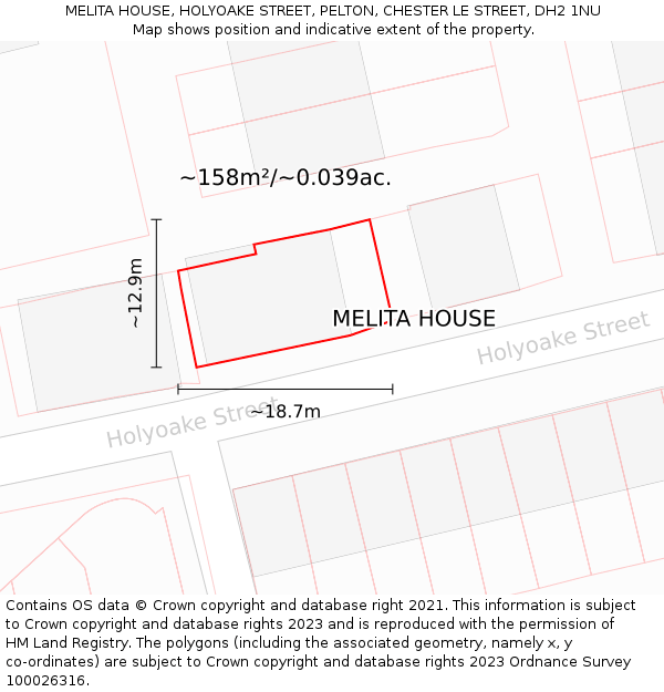 MELITA HOUSE, HOLYOAKE STREET, PELTON, CHESTER LE STREET, DH2 1NU: Plot and title map