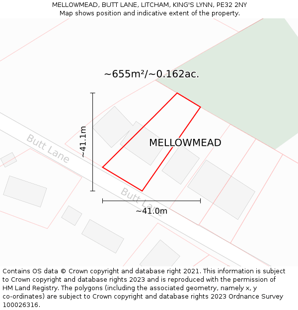 MELLOWMEAD, BUTT LANE, LITCHAM, KING'S LYNN, PE32 2NY: Plot and title map