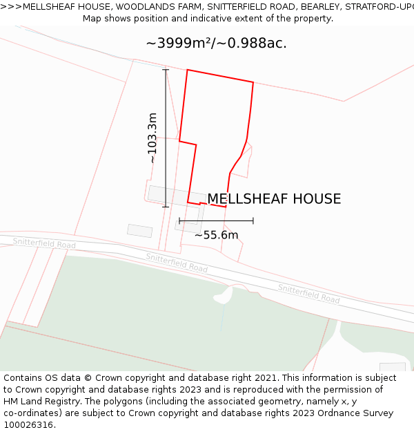 MELLSHEAF HOUSE, WOODLANDS FARM, SNITTERFIELD ROAD, BEARLEY, STRATFORD-UPON-AVON, CV37 0EX: Plot and title map