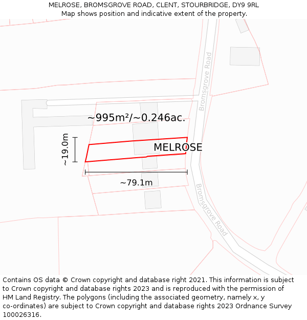 MELROSE, BROMSGROVE ROAD, CLENT, STOURBRIDGE, DY9 9RL: Plot and title map