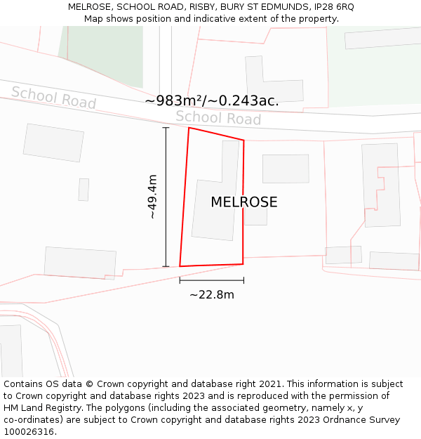 MELROSE, SCHOOL ROAD, RISBY, BURY ST EDMUNDS, IP28 6RQ: Plot and title map