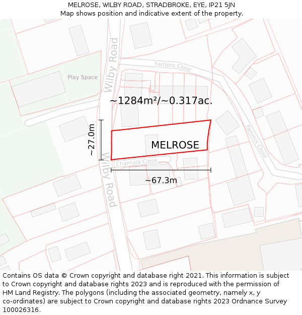 MELROSE, WILBY ROAD, STRADBROKE, EYE, IP21 5JN: Plot and title map