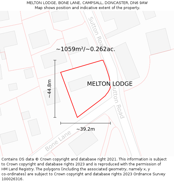 MELTON LODGE, BONE LANE, CAMPSALL, DONCASTER, DN6 9AW: Plot and title map