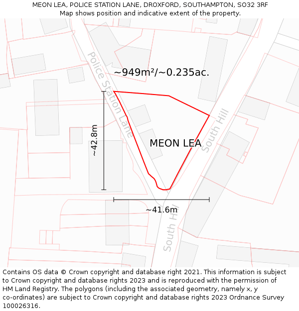 MEON LEA, POLICE STATION LANE, DROXFORD, SOUTHAMPTON, SO32 3RF: Plot and title map