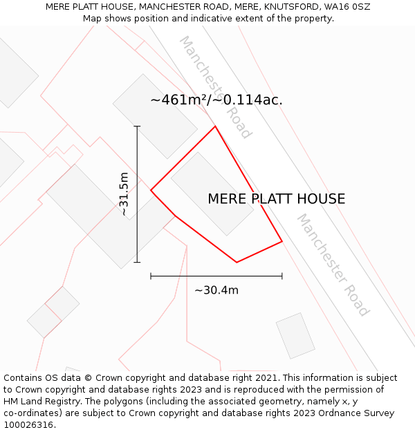 MERE PLATT HOUSE, MANCHESTER ROAD, MERE, KNUTSFORD, WA16 0SZ: Plot and title map