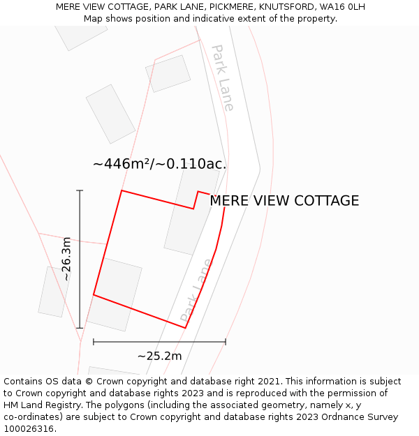 MERE VIEW COTTAGE, PARK LANE, PICKMERE, KNUTSFORD, WA16 0LH: Plot and title map