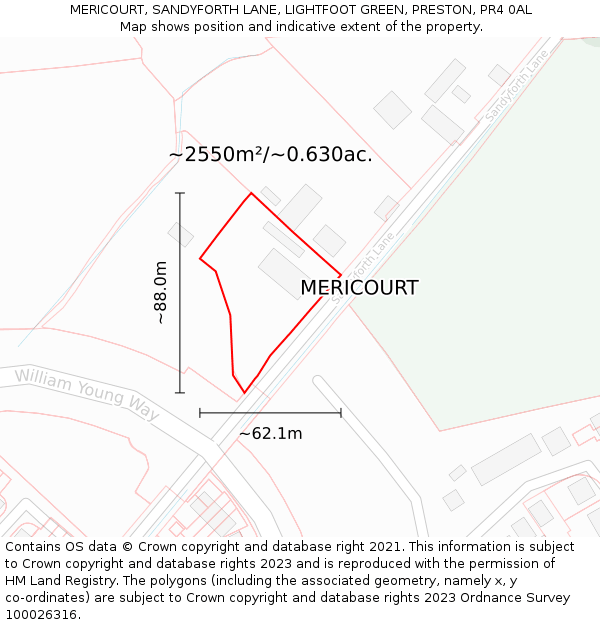 MERICOURT, SANDYFORTH LANE, LIGHTFOOT GREEN, PRESTON, PR4 0AL: Plot and title map