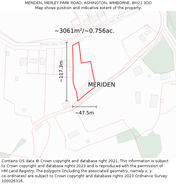 MERIDEN, MERLEY PARK ROAD, ASHINGTON, WIMBORNE, BH21 3DD: Plot and title map