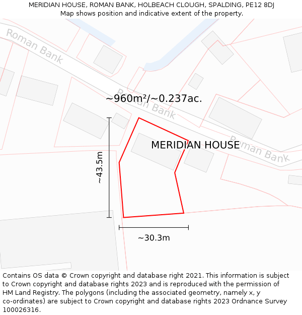 MERIDIAN HOUSE, ROMAN BANK, HOLBEACH CLOUGH, SPALDING, PE12 8DJ: Plot and title map