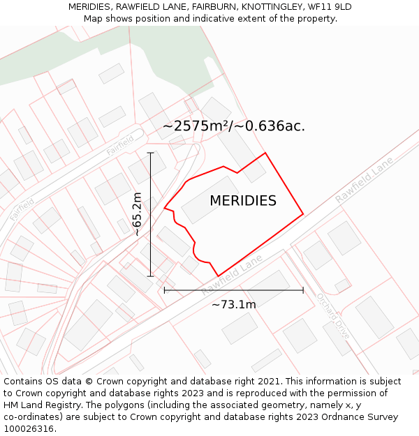 MERIDIES, RAWFIELD LANE, FAIRBURN, KNOTTINGLEY, WF11 9LD: Plot and title map