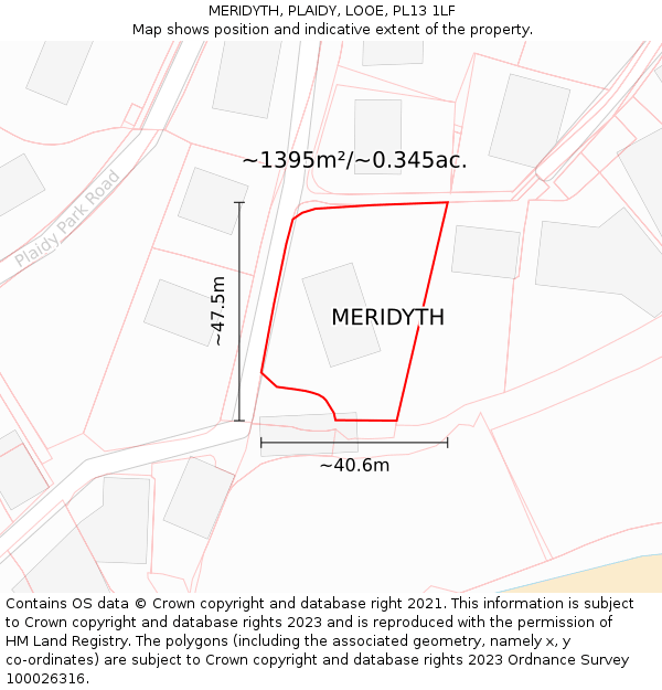 MERIDYTH, PLAIDY, LOOE, PL13 1LF: Plot and title map