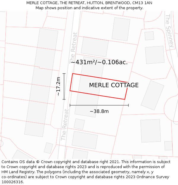MERLE COTTAGE, THE RETREAT, HUTTON, BRENTWOOD, CM13 1AN: Plot and title map