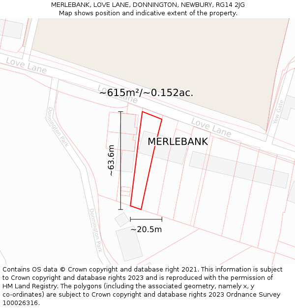 MERLEBANK, LOVE LANE, DONNINGTON, NEWBURY, RG14 2JG: Plot and title map