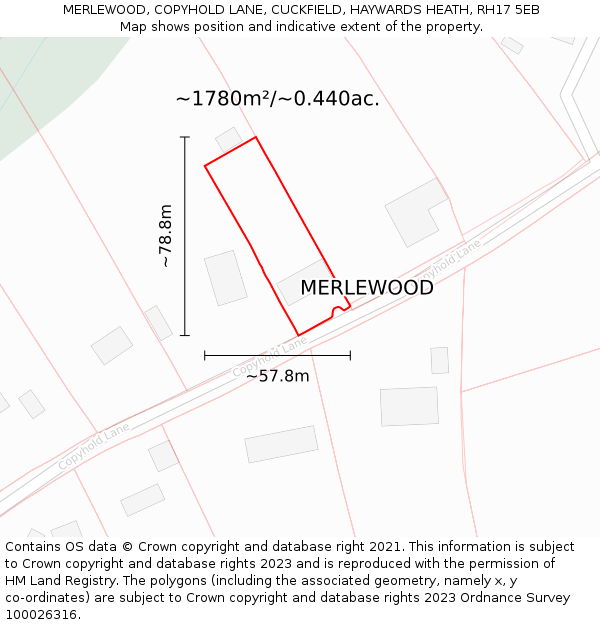 MERLEWOOD, COPYHOLD LANE, CUCKFIELD, HAYWARDS HEATH, RH17 5EB: Plot and title map