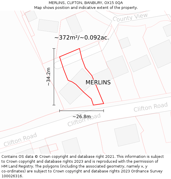 MERLINS, CLIFTON, BANBURY, OX15 0QA: Plot and title map