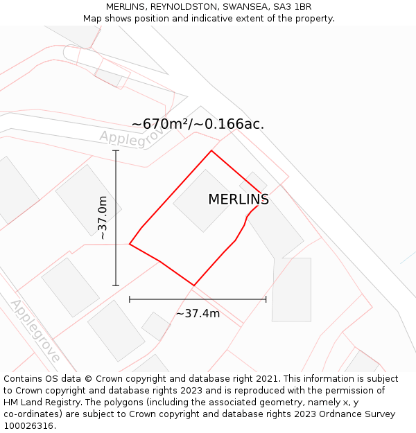 MERLINS, REYNOLDSTON, SWANSEA, SA3 1BR: Plot and title map