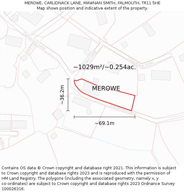 MEROWE, CARLIDNACK LANE, MAWNAN SMITH, FALMOUTH, TR11 5HE: Plot and title map