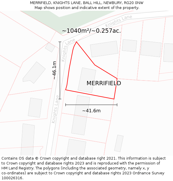 MERRIFIELD, KNIGHTS LANE, BALL HILL, NEWBURY, RG20 0NW: Plot and title map