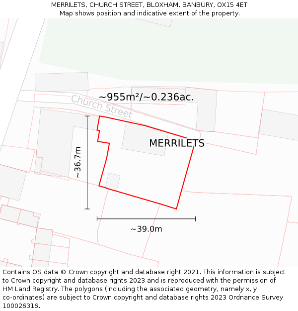 MERRILETS, CHURCH STREET, BLOXHAM, BANBURY, OX15 4ET: Plot and title map