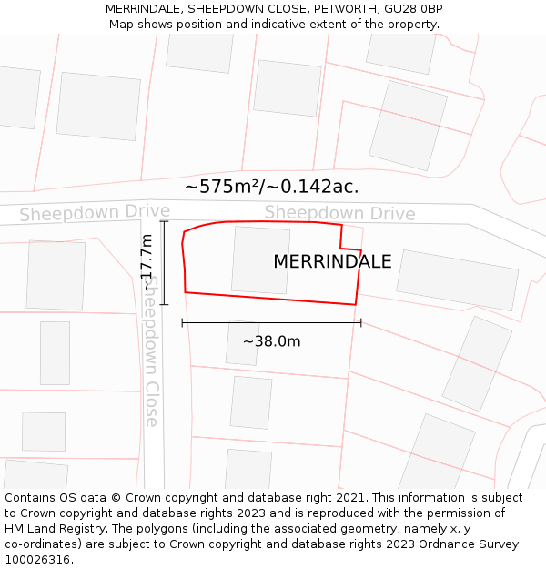 MERRINDALE, SHEEPDOWN CLOSE, PETWORTH, GU28 0BP: Plot and title map