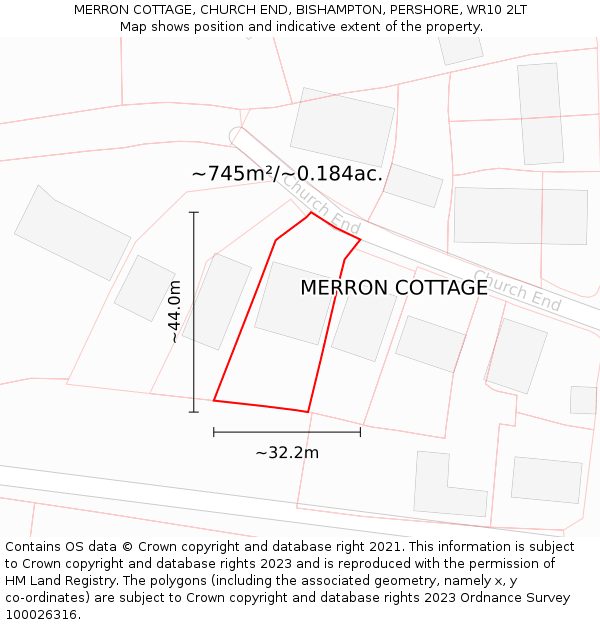 MERRON COTTAGE, CHURCH END, BISHAMPTON, PERSHORE, WR10 2LT: Plot and title map
