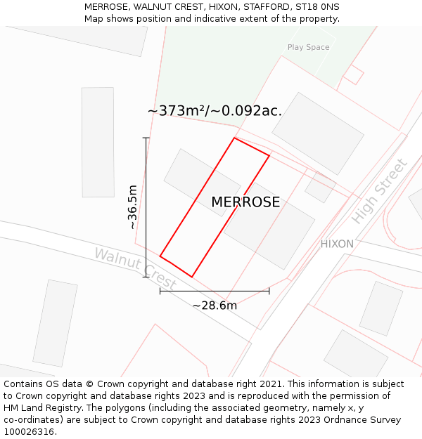 MERROSE, WALNUT CREST, HIXON, STAFFORD, ST18 0NS: Plot and title map