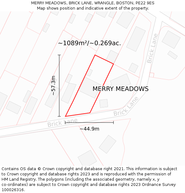 MERRY MEADOWS, BRICK LANE, WRANGLE, BOSTON, PE22 9ES: Plot and title map