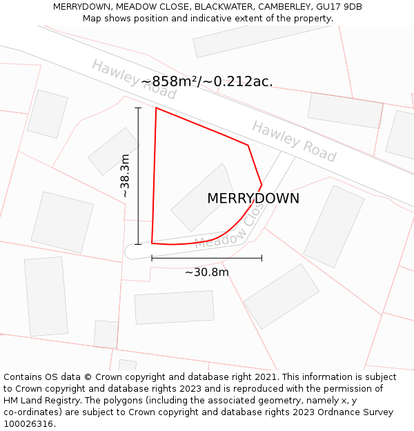 MERRYDOWN, MEADOW CLOSE, BLACKWATER, CAMBERLEY, GU17 9DB: Plot and title map