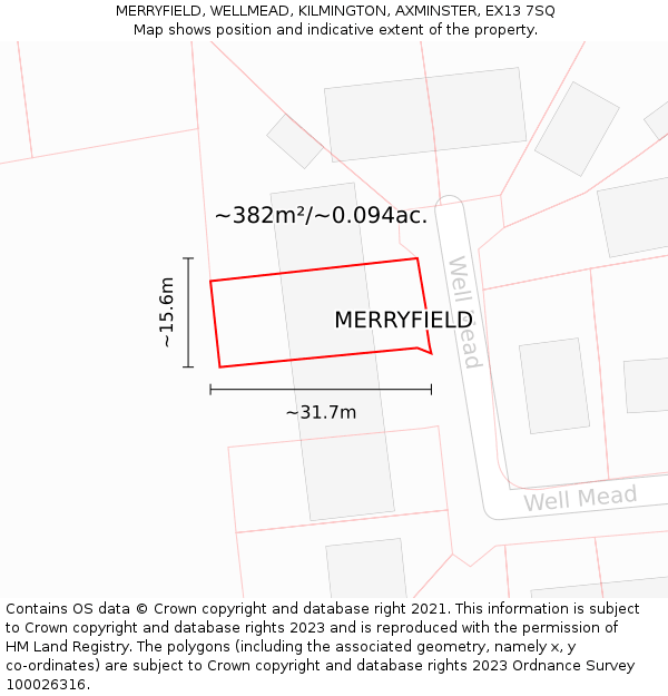 MERRYFIELD, WELLMEAD, KILMINGTON, AXMINSTER, EX13 7SQ: Plot and title map