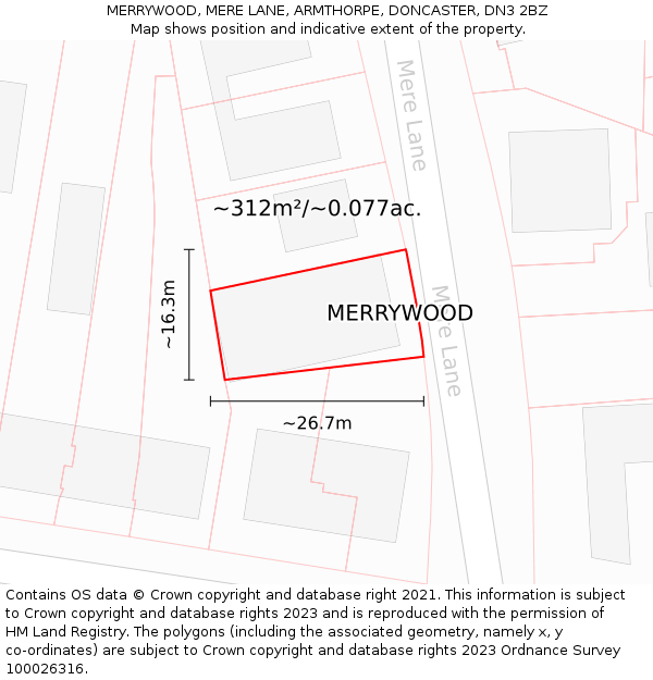 MERRYWOOD, MERE LANE, ARMTHORPE, DONCASTER, DN3 2BZ: Plot and title map