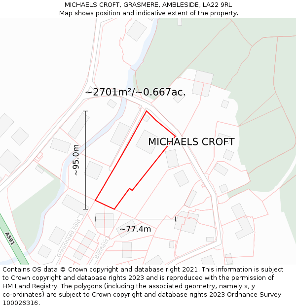 MICHAELS CROFT, GRASMERE, AMBLESIDE, LA22 9RL: Plot and title map