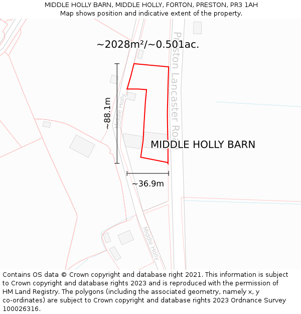 MIDDLE HOLLY BARN, MIDDLE HOLLY, FORTON, PRESTON, PR3 1AH: Plot and title map