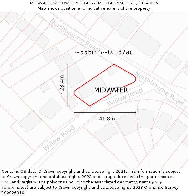 MIDWATER, WILLOW ROAD, GREAT MONGEHAM, DEAL, CT14 0HN: Plot and title map