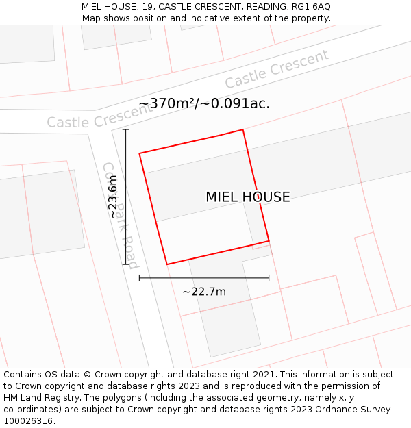 MIEL HOUSE, 19, CASTLE CRESCENT, READING, RG1 6AQ: Plot and title map