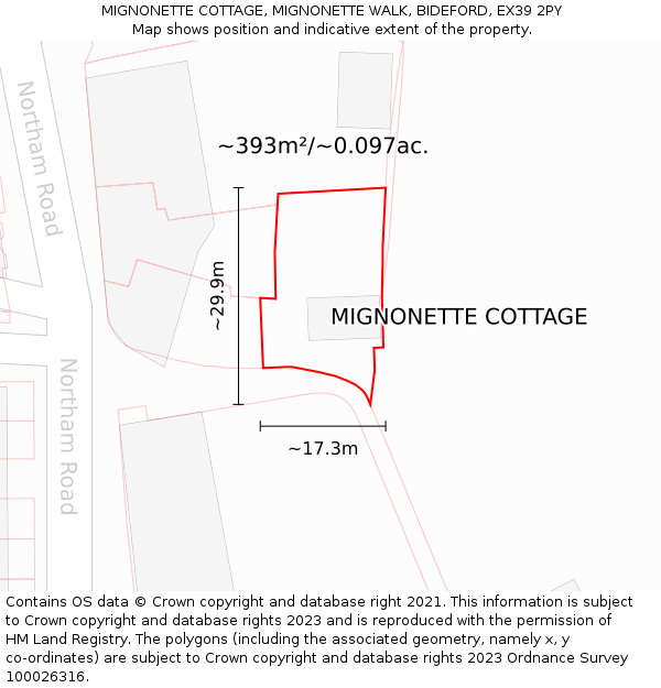 MIGNONETTE COTTAGE, MIGNONETTE WALK, BIDEFORD, EX39 2PY: Plot and title map