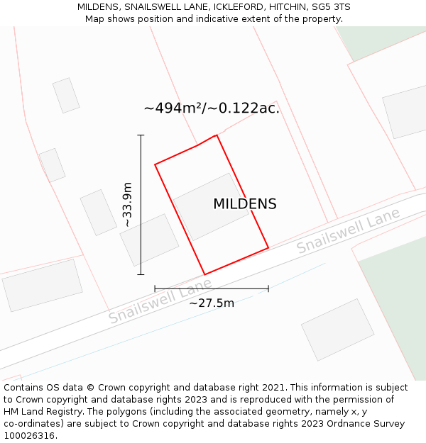 MILDENS, SNAILSWELL LANE, ICKLEFORD, HITCHIN, SG5 3TS: Plot and title map