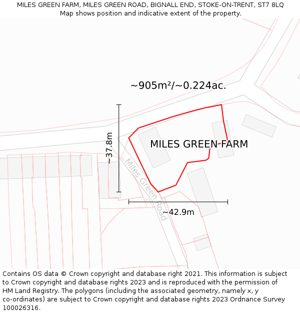 MILES GREEN FARM, MILES GREEN ROAD, BIGNALL END, STOKE-ON-TRENT, ST7 8LQ: Plot and title map