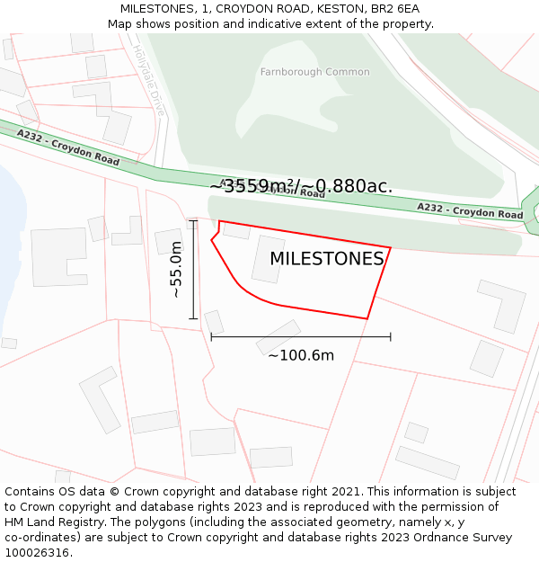 MILESTONES, 1, CROYDON ROAD, KESTON, BR2 6EA: Plot and title map