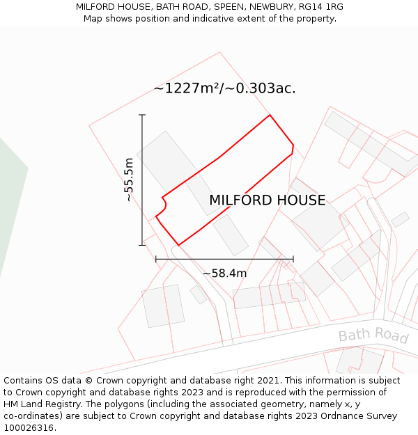 MILFORD HOUSE, BATH ROAD, SPEEN, NEWBURY, RG14 1RG: Plot and title map