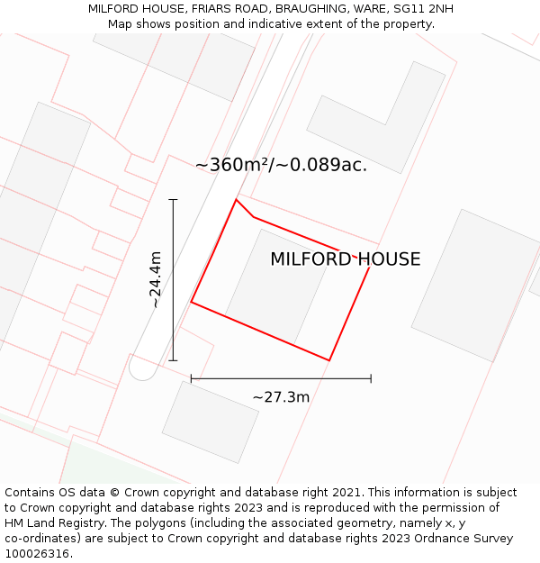 MILFORD HOUSE, FRIARS ROAD, BRAUGHING, WARE, SG11 2NH: Plot and title map