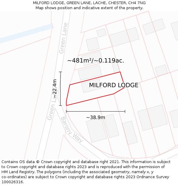 MILFORD LODGE, GREEN LANE, LACHE, CHESTER, CH4 7NG: Plot and title map