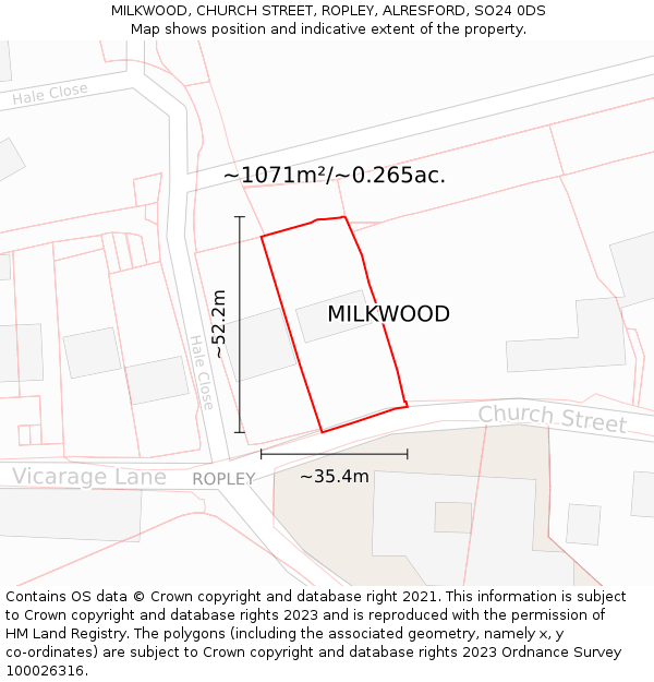 MILKWOOD, CHURCH STREET, ROPLEY, ALRESFORD, SO24 0DS: Plot and title map