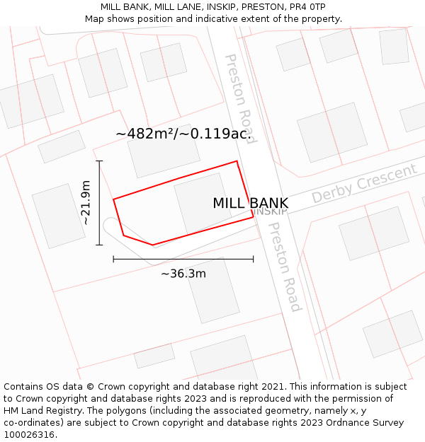 MILL BANK, MILL LANE, INSKIP, PRESTON, PR4 0TP: Plot and title map