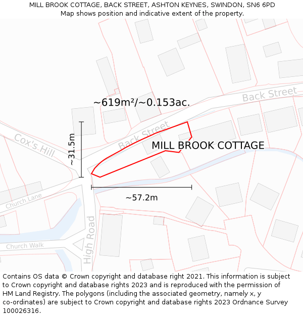 MILL BROOK COTTAGE, BACK STREET, ASHTON KEYNES, SWINDON, SN6 6PD: Plot and title map